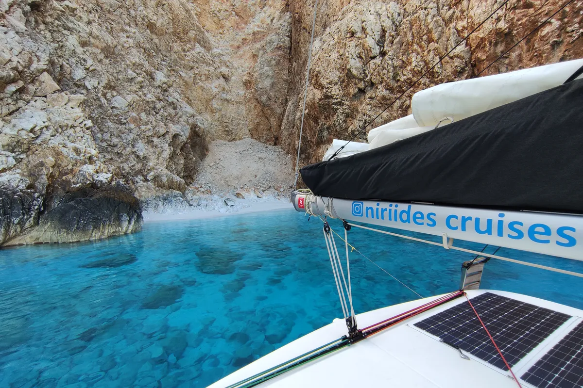 Deck of Aktaia, a Lagoon 42 catamaran at Agios Stefanos, Greece