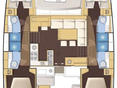 Exterior view of AMARE I, a Lagoon 450 F catamaran at Benitses, Greece