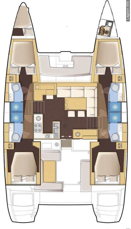 Exterior view of AMARE I, a Lagoon 450 F catamaran at Benitses, Greece