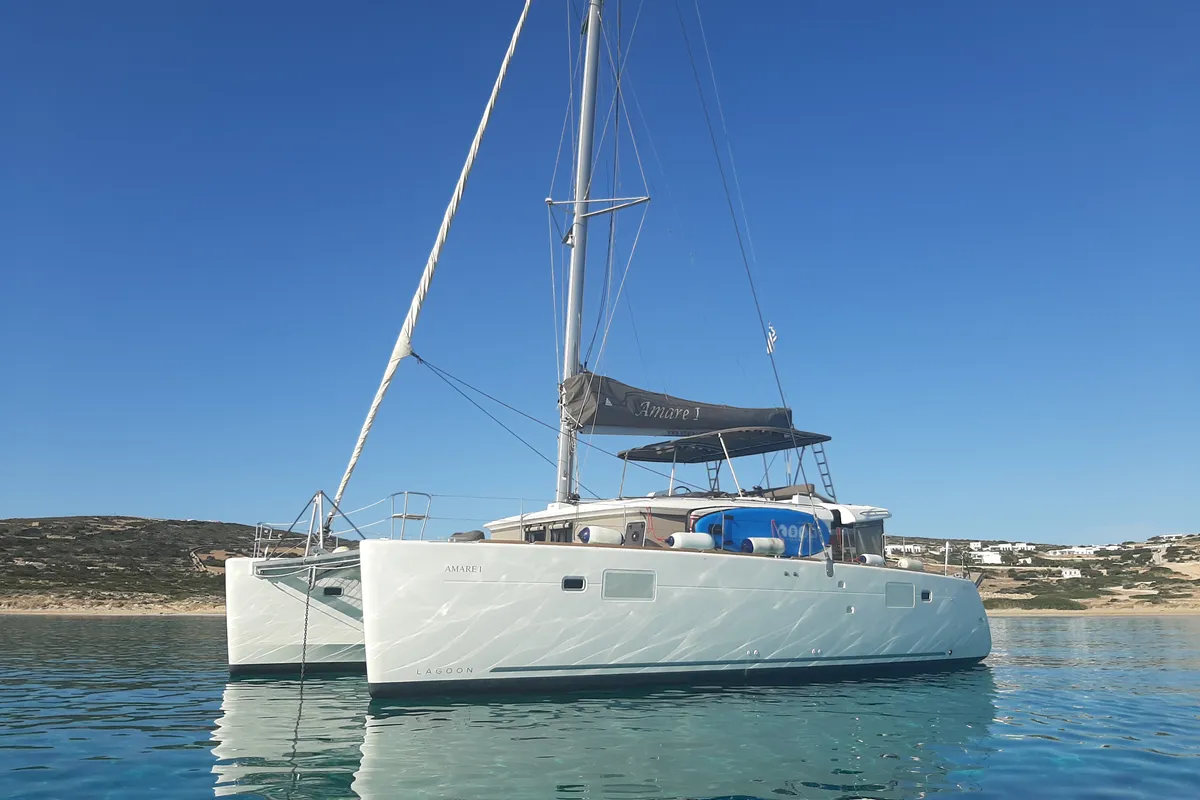 Deck of AMARE I, a Lagoon 450 F catamaran at Benitses, Greece