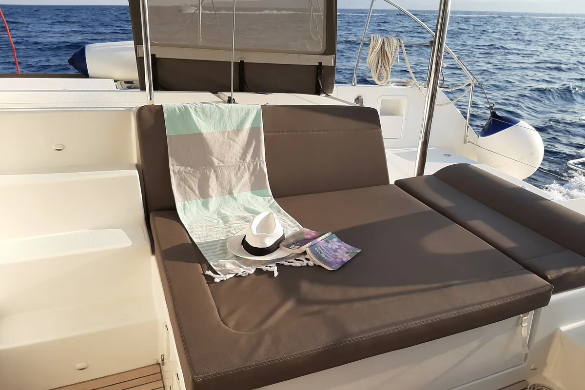 Deck of AMARE I, a Lagoon 450 F catamaran at Benitses, Greece