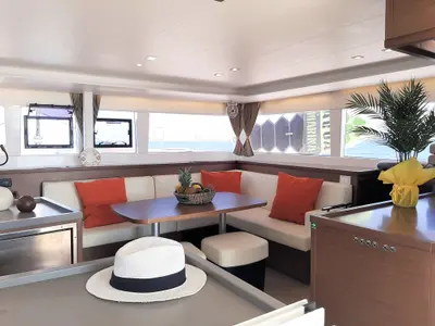 Salon of AMARE I, a Lagoon 450 F catamaran at Benitses, Greece