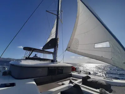 Deck of AMARE I, a Lagoon 450 F catamaran at Benitses, Greece