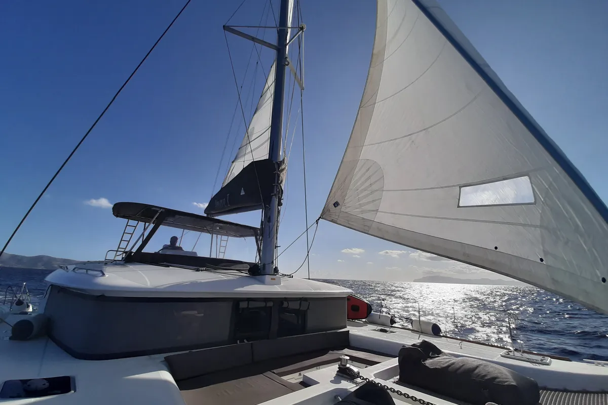 Deck of AMARE I, a Lagoon 450 F catamaran at Benitses, Greece
