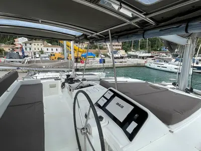 Cockpit of AMARE I, a Lagoon 450 F catamaran at Benitses, Greece