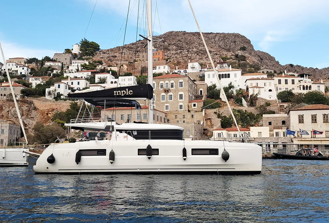Exterior view of Mple, a Lagoon 46 catamaran at Athens, Greece