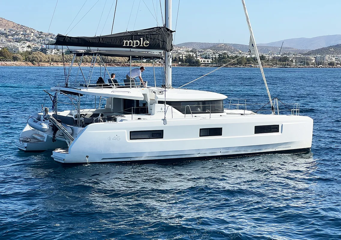 Exterior view of Mple, a Lagoon 46 catamaran at Athens, Greece