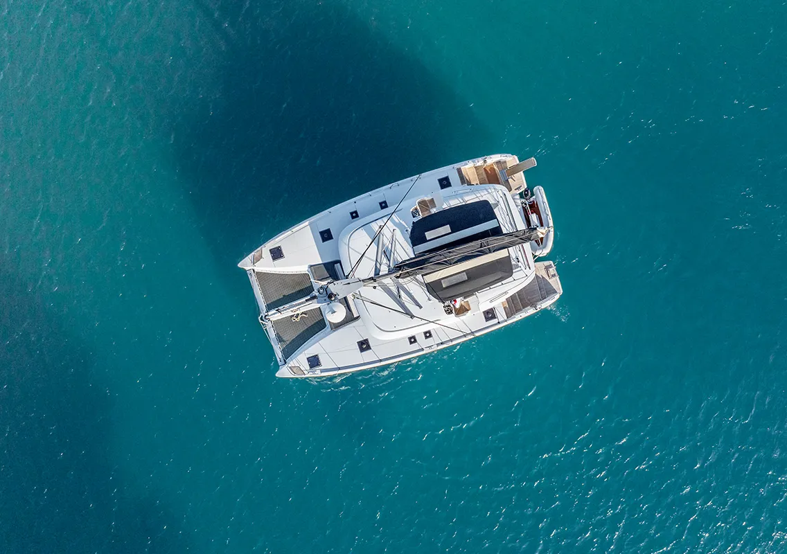 Exterior view of Mple, a Lagoon 46 catamaran at Athens, Greece