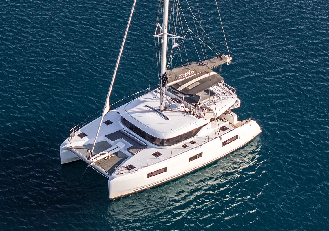 Exterior view of Mple, a Lagoon 46 catamaran at Athens, Greece