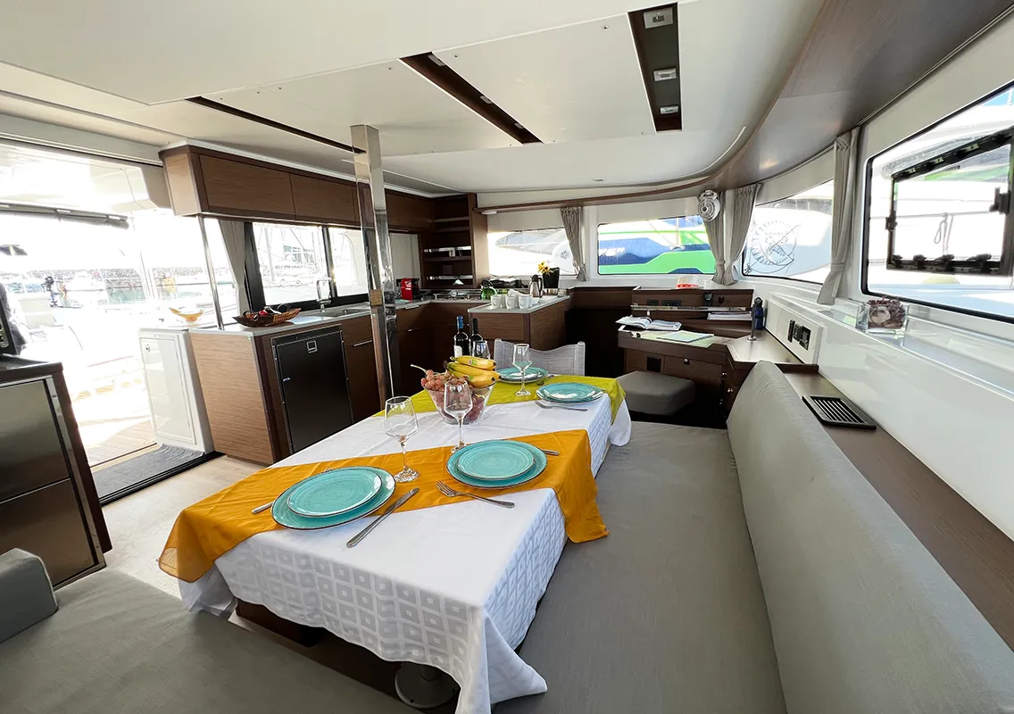 Salon of Mple, a Lagoon 46 catamaran at Athens, Greece