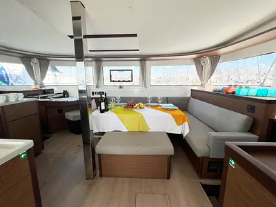 Salon of Mple, a Lagoon 46 catamaran at Athens, Greece