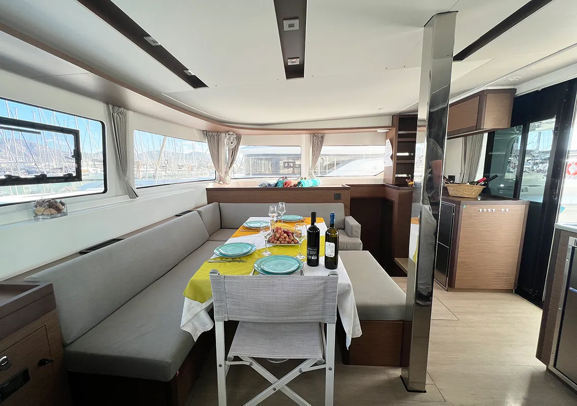 Salon of Mple, a Lagoon 46 catamaran at Athens, Greece
