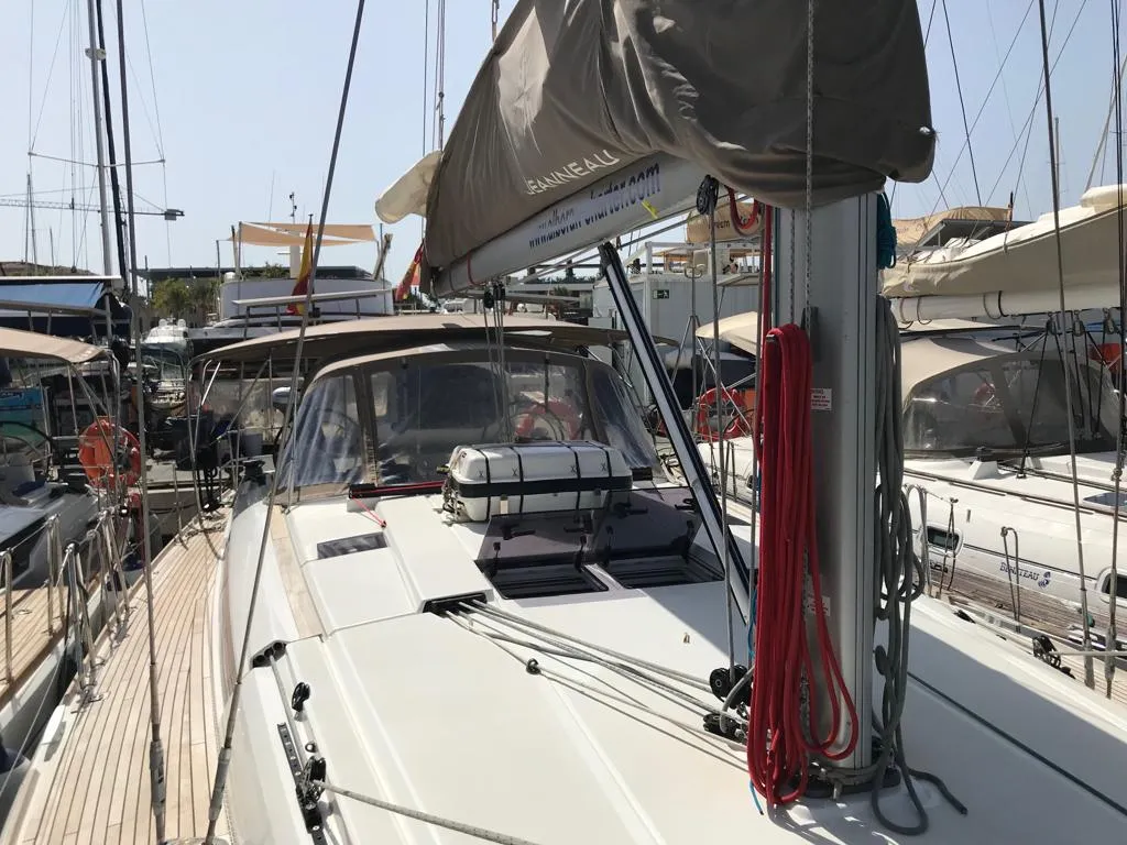 Deck of Alboran Cognac (Radazul), a Jeanneau Sun Odyssey 519 sailboat at El Rosario, Spain