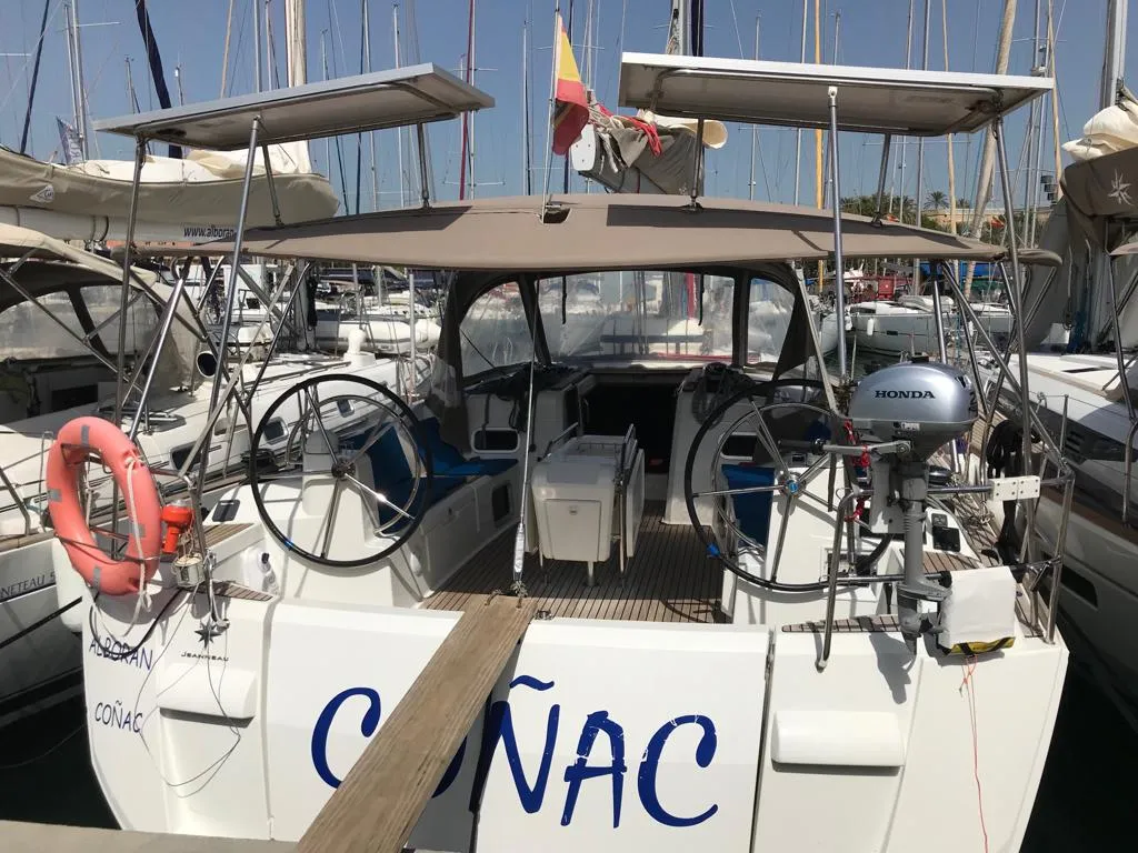Exterior view of Alboran Cognac (Radazul), a Jeanneau Sun Odyssey 519 sailboat at El Rosario, Spain