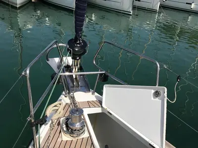 Deck of Alboran Cognac (Radazul), a Jeanneau Sun Odyssey 519 sailboat at El Rosario, Spain