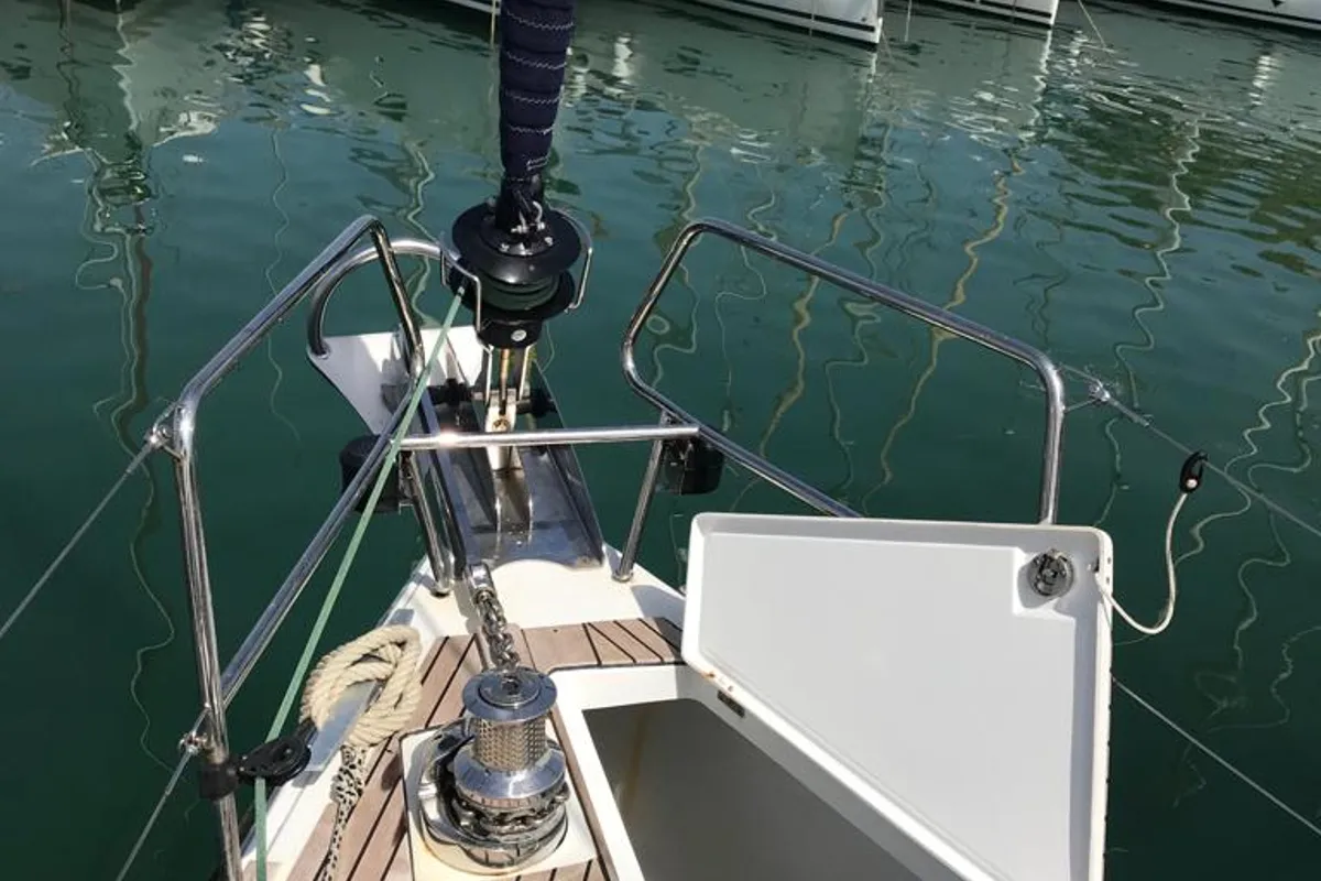 Deck of Alboran Cognac (Radazul), a Jeanneau Sun Odyssey 519 sailboat at El Rosario, Spain