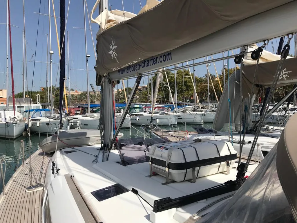 Deck of Alboran Cognac (Radazul), a Jeanneau Sun Odyssey 519 sailboat at El Rosario, Spain