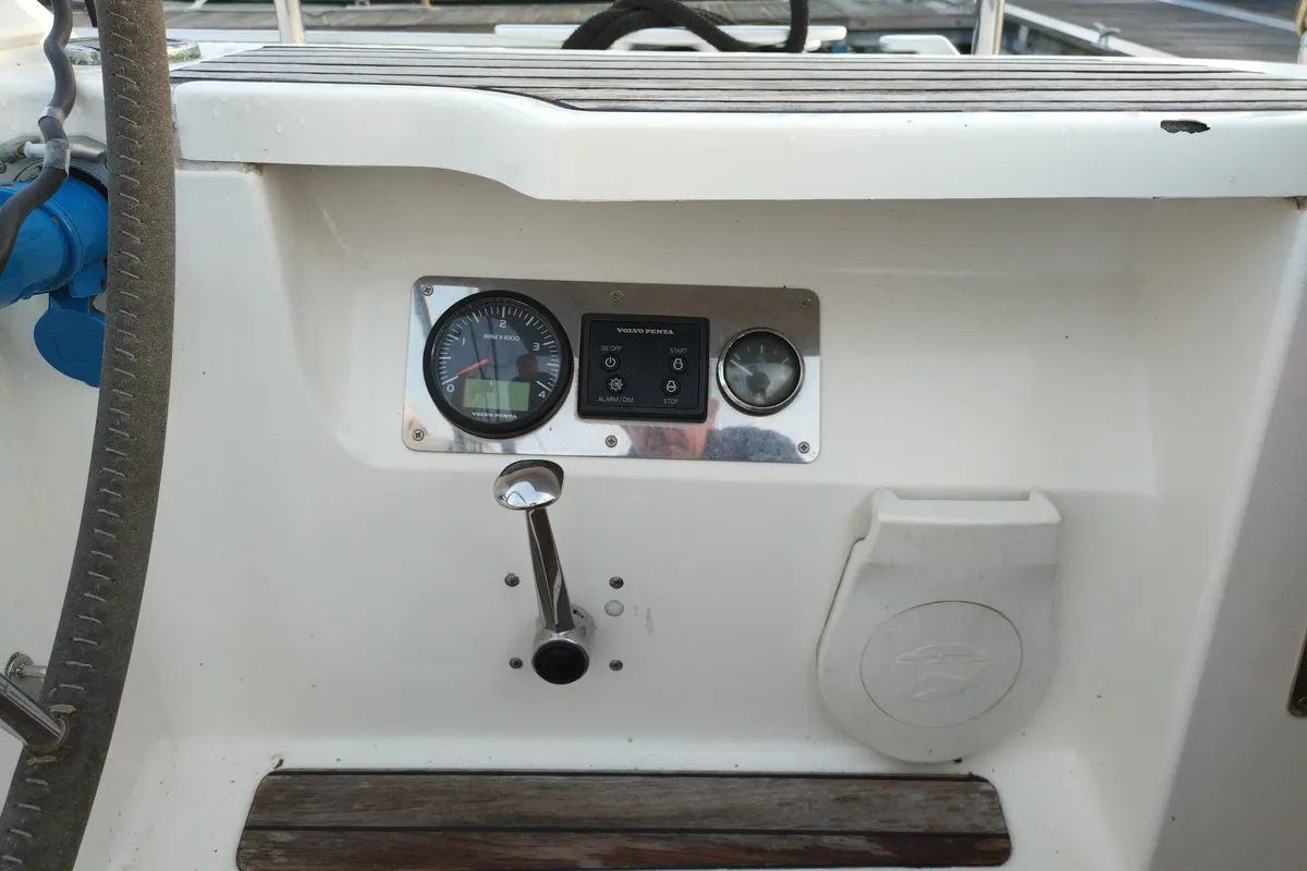 Cockpit of Aquamarijn, a Bavaria 41 Cruiser sailboat at Yerseke, Netherlands