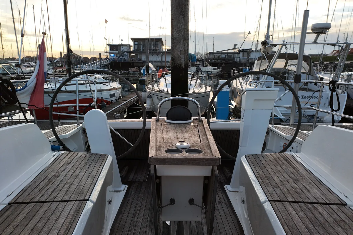 Cockpit of Aquamarijn, a Bavaria 41 Cruiser sailboat at Yerseke, Netherlands