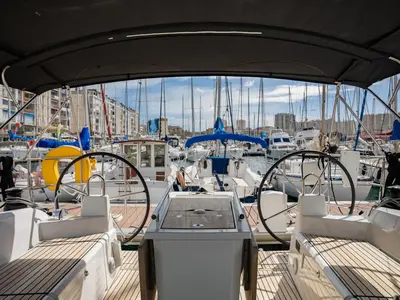 Cockpit of Polemas, a Beneteau Oceanis 40.1 sailboat at Toulon, France
