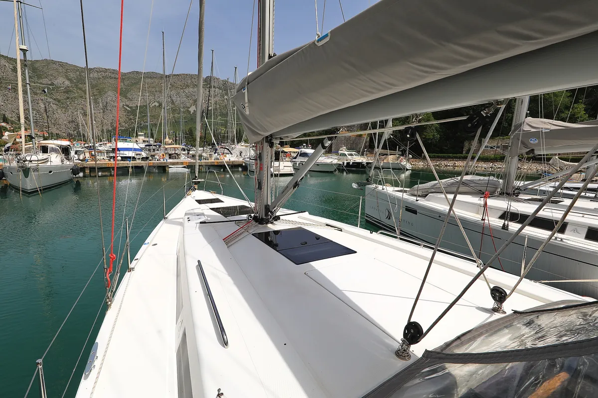 Deck of Vivien, a Hanse 418 sailboat at Dubrovnik, Croatia