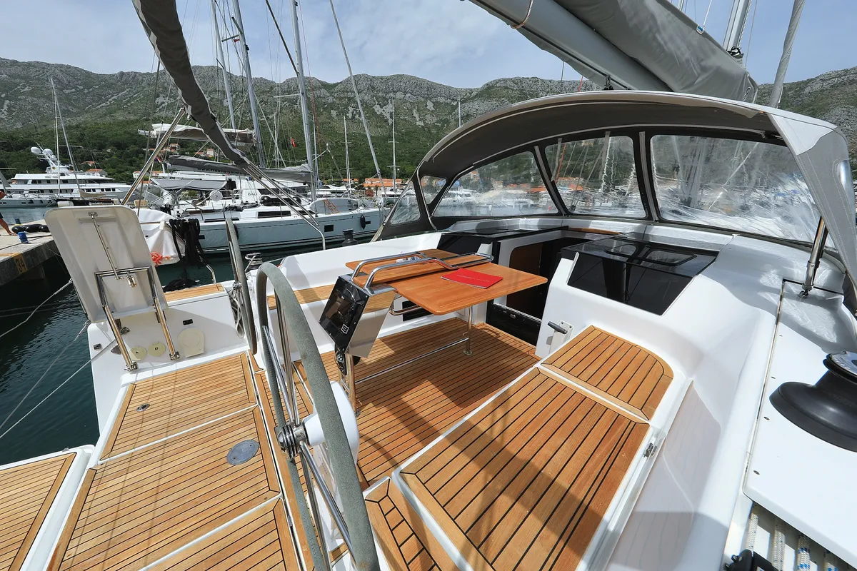 Deck of Vivien, a Hanse 418 sailboat at Dubrovnik, Croatia