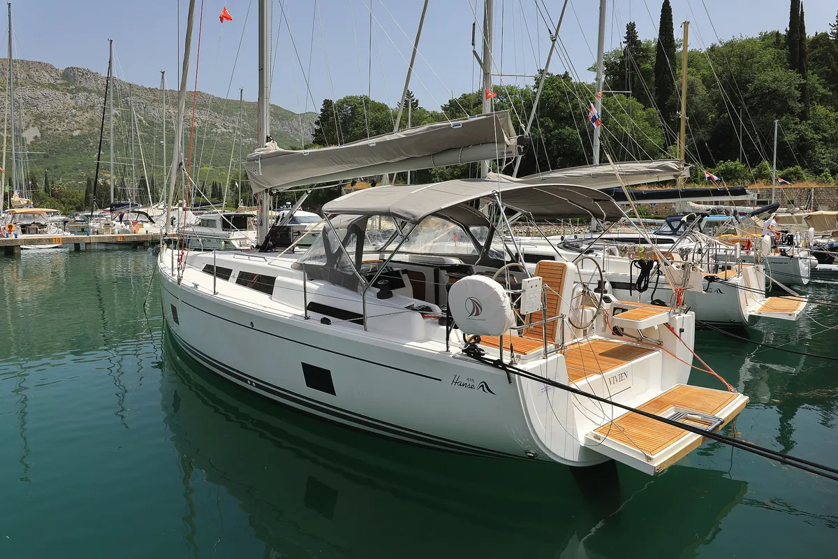 Exterior view of Vivien, a Hanse 418 sailboat at Dubrovnik, Croatia