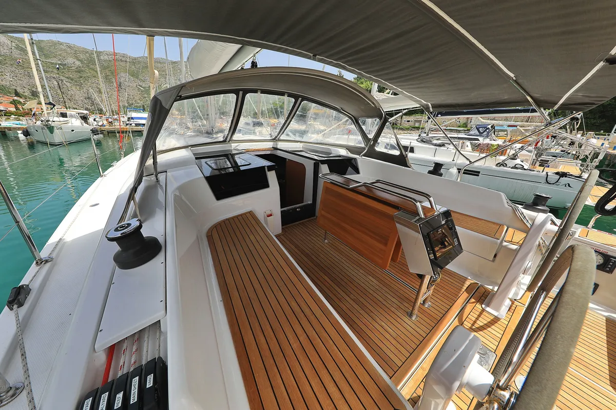 Deck of Vivien, a Hanse 418 sailboat at Dubrovnik, Croatia