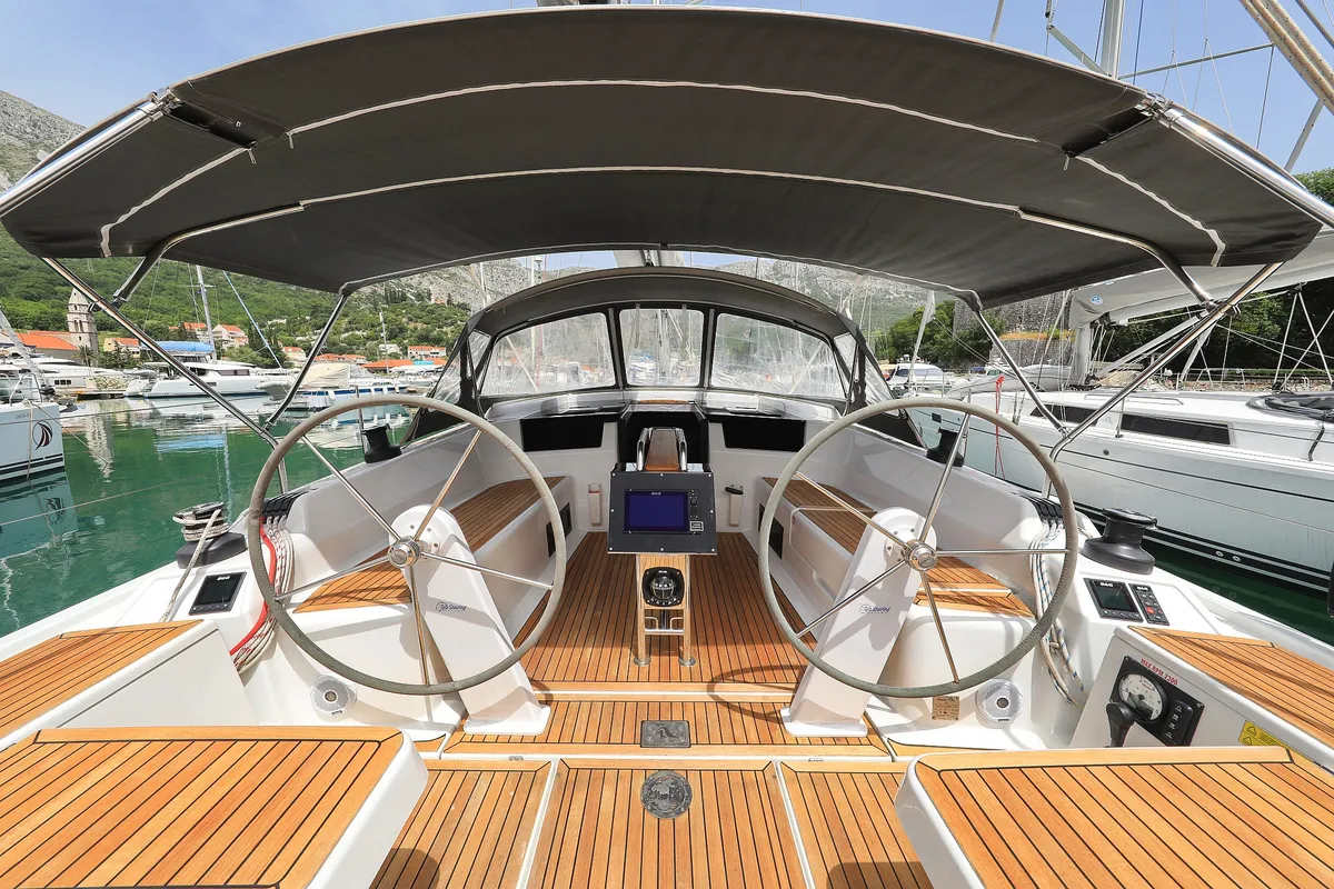 Cockpit of Vivien, a Hanse 418 sailboat at Dubrovnik, Croatia