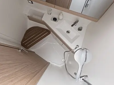 Head on Sine Cura III 3136, a Beneteau Oceanis 46.1 sailboat at Seget Donji, Croatia