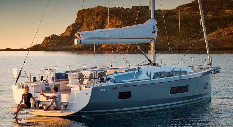 Exterior view of Sine Cura III 3136, a Beneteau Oceanis 46.1 sailboat at Seget Donji, Croatia