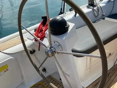 Cockpit of Polaris, a Dehler 38 SQ sailboat at Lavrion, Greece