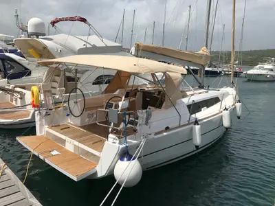 Deck of Kalliste, a Dufour 382 GL sailboat at Marseille, France