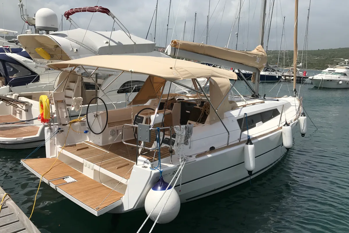 Deck of Kalliste, a Dufour 382 GL sailboat at Marseille, France