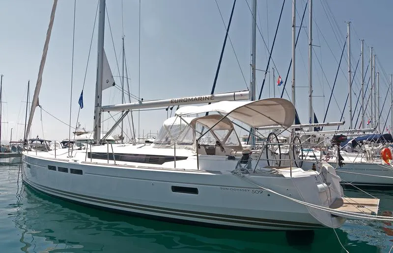 Exterior view of Aqua Kiss, a Jeanneau Sun Odyssey 509 sailboat at Grad Pula, Croatia