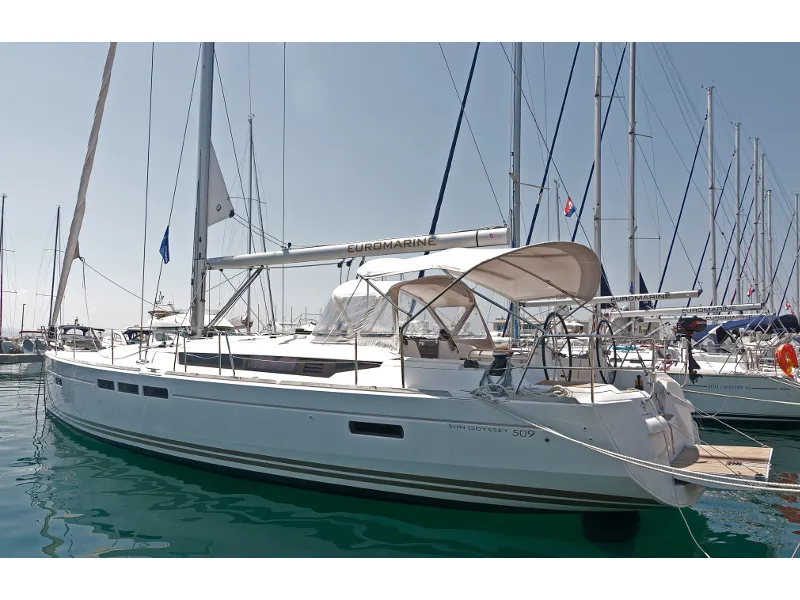 Exterior view of Aqua Kiss, a Jeanneau Sun Odyssey 509 sailboat at Grad Pula, Croatia