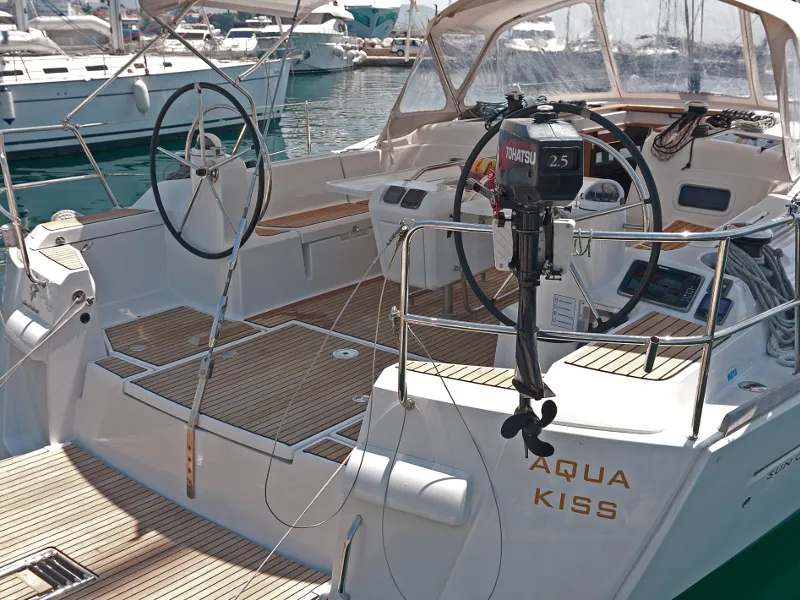 Cockpit of Aqua Kiss, a Jeanneau Sun Odyssey 509 sailboat at Grad Pula, Croatia