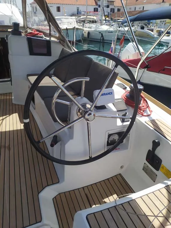 Cockpit of živjelli, a Jeanneau Sun Odyssey 389 sailboat at Kontokali, Greece