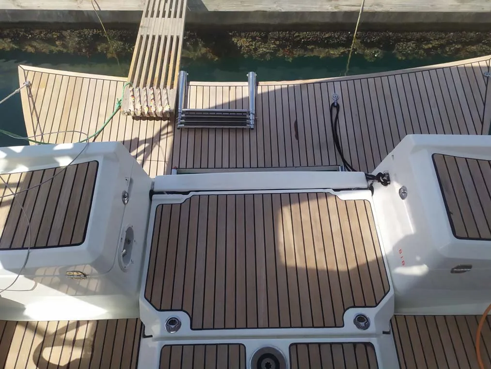 Deck of živjelli, a Jeanneau Sun Odyssey 389 sailboat at Kontokali, Greece