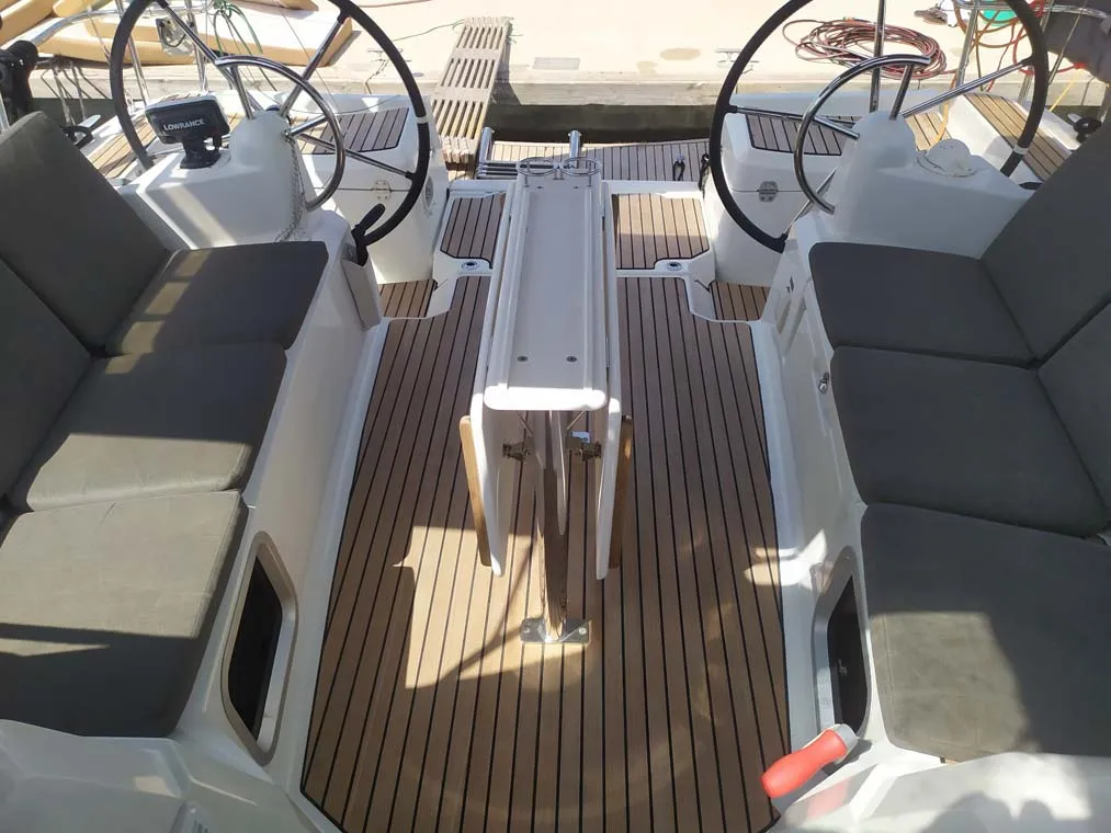 Deck of živjelli, a Jeanneau Sun Odyssey 389 sailboat at Kontokali, Greece