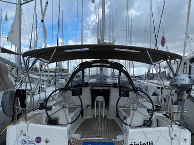 Cockpit of živjelli, a Jeanneau Sun Odyssey 389 sailboat at Kontokali, Greece