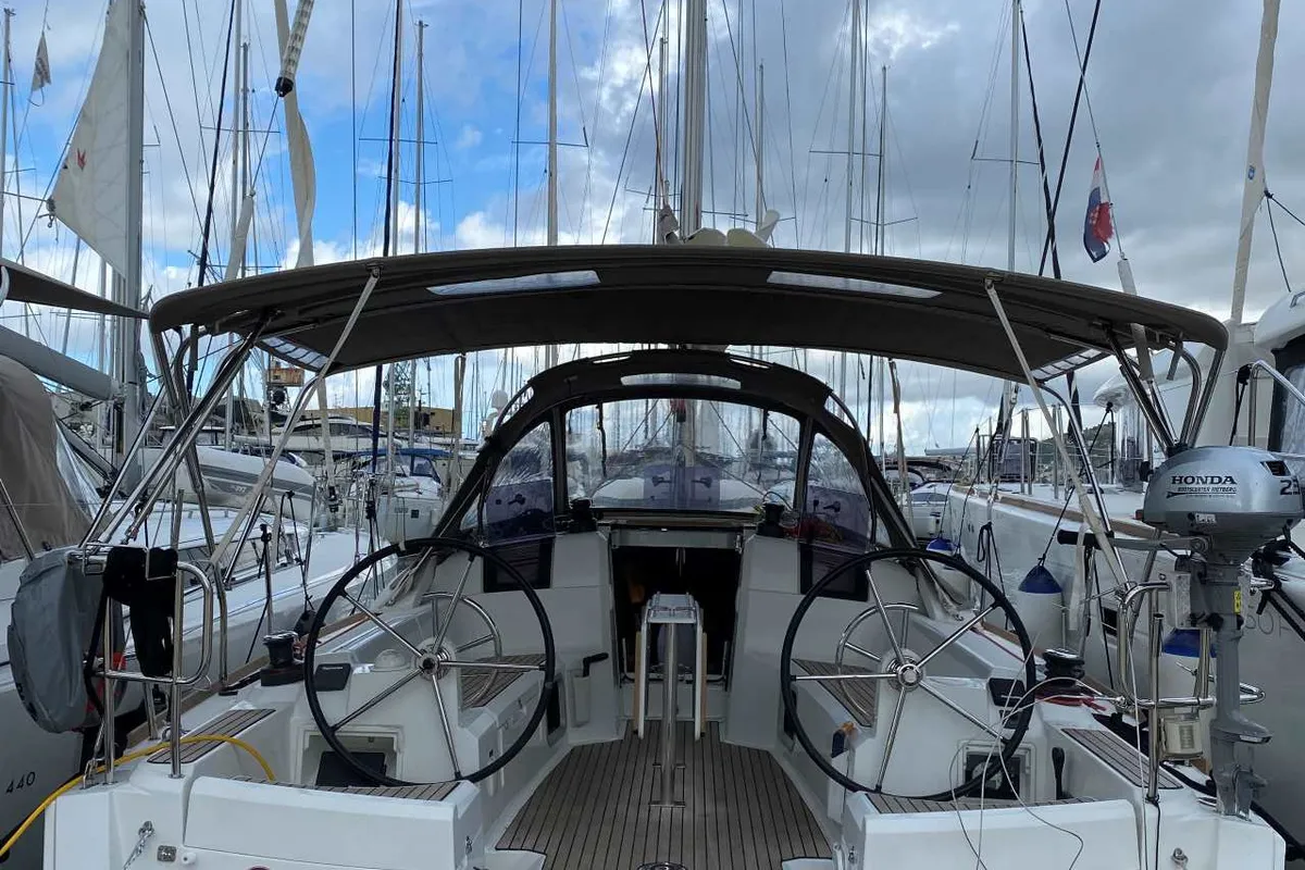 Cockpit of živjelli, a Jeanneau Sun Odyssey 389 sailboat at Kontokali, Greece