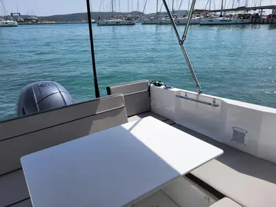 Deck of NN, a Jeanneau Merry Fisher 695 Serie2 motorboat at Seget Donji, Croatia