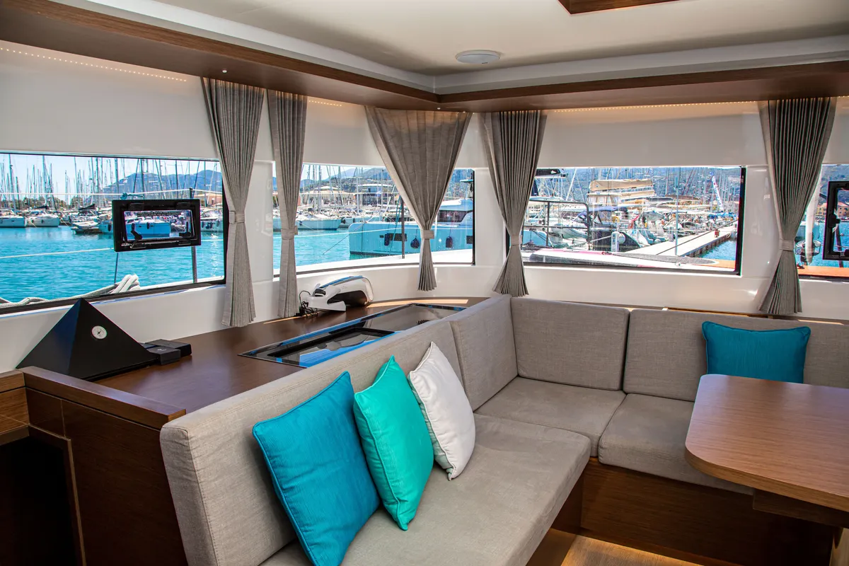 Salon of Magnum Opus, a Lagoon 50 catamaran at Preveza, Greece