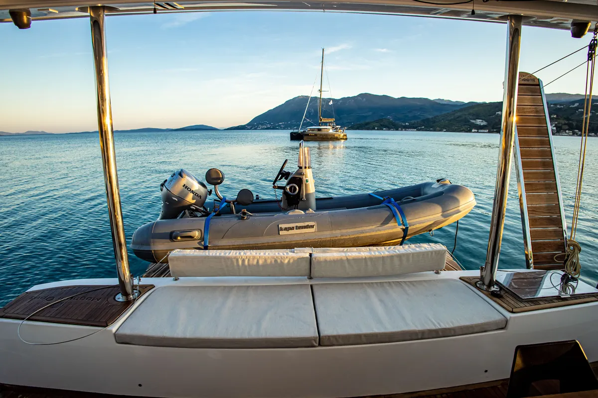 Deck of Magnum Opus, a Lagoon 50 catamaran at Preveza, Greece