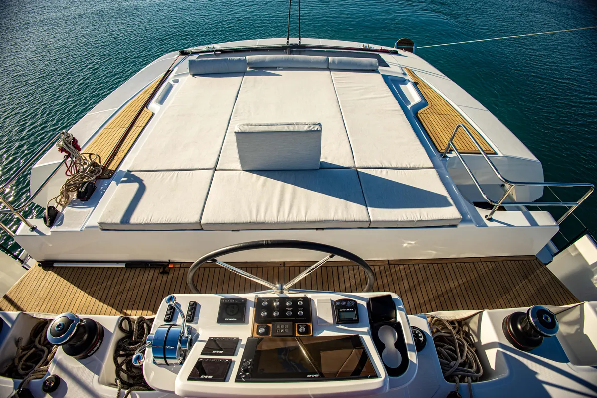 Deck of Magnum Opus, a Lagoon 50 catamaran at Preveza, Greece