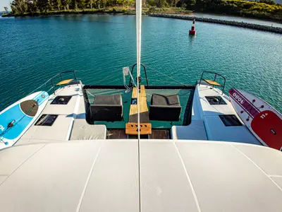 Deck of Magnum Opus, a Lagoon 50 catamaran at Preveza, Greece