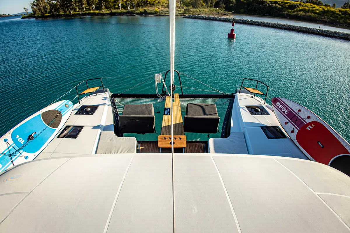 Deck of Magnum Opus, a Lagoon 50 catamaran at Preveza, Greece
