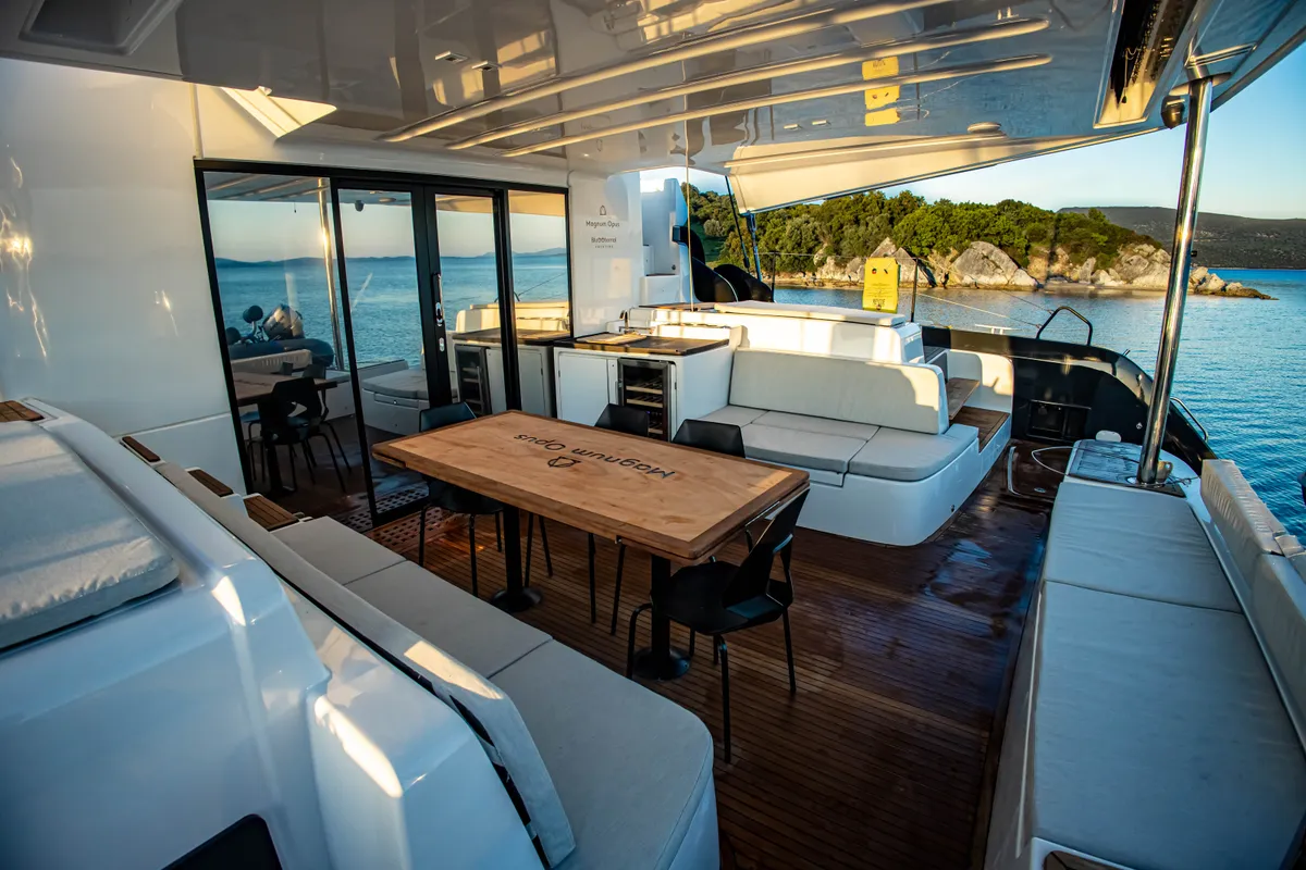 Deck of Magnum Opus, a Lagoon 50 catamaran at Preveza, Greece