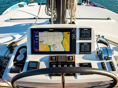 Cockpit of Magnum Opus, a Lagoon 50 catamaran at Preveza, Greece